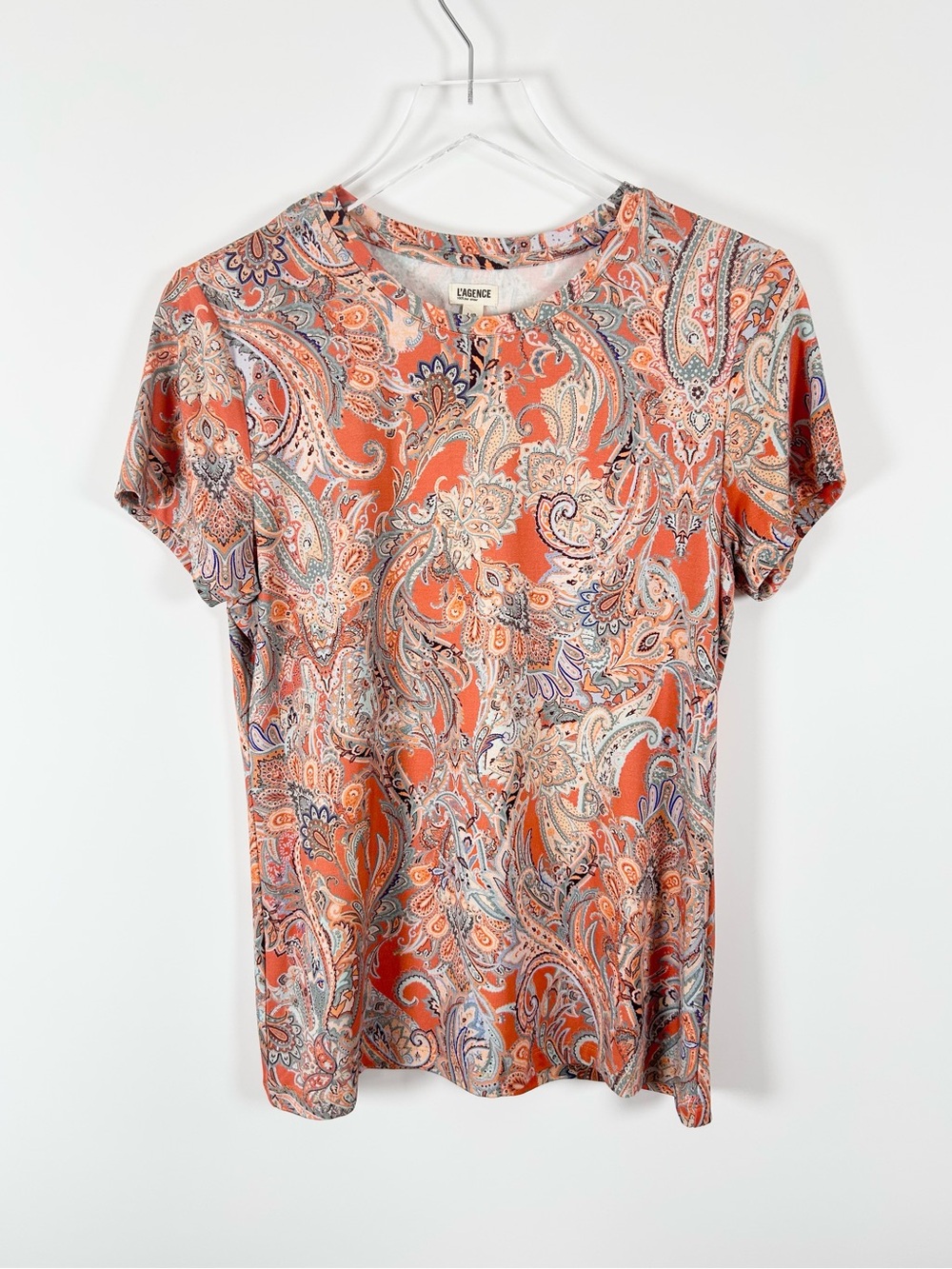 L'agence Ressi Short-Sleeve Paisley Tee Women's Large Orange Blue Floral T-shirt